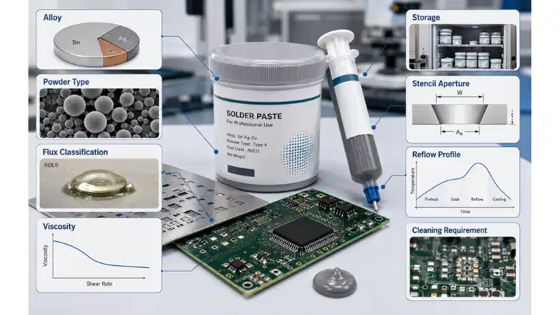 Solder paste selection factors including alloy, powder type, flux, viscosity, storage, stencil aperture and reflow profile. Solder paste selection factors including alloy, powder type, flux, viscosity, storage, stencil aperture and reflow profile.